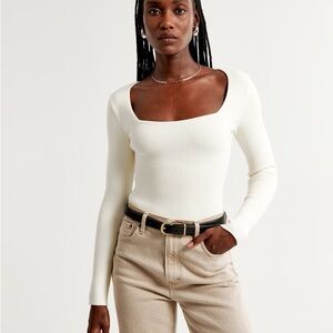 Abercrombie & Fitch Cream Long-Sleeve Ottoman Squareneck Bodysuit